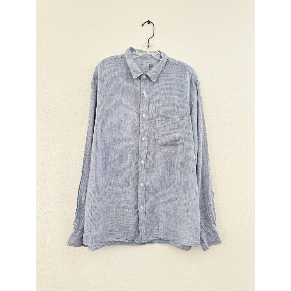 Muji Pinstripe 100% Linen Button Up Shirt Blue White Beachy Women's XL X-Large